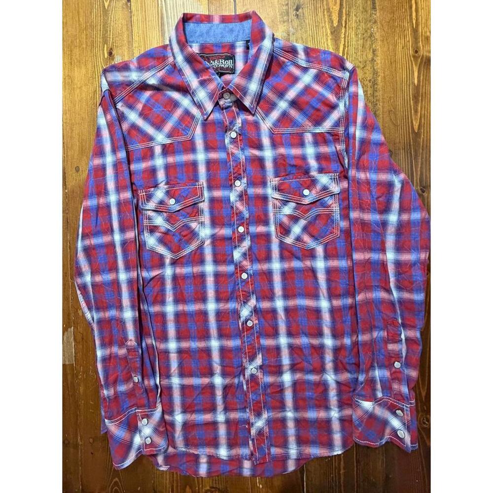 Rock & Roll Cowboy Shirt Mens Medium Red Blue‎ Plaid Pearl Snap